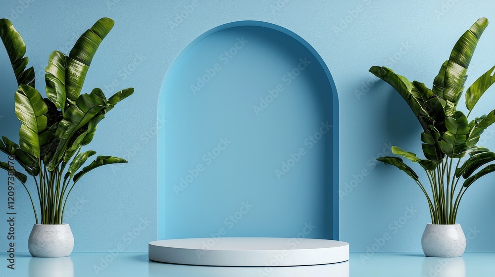 Poster a modern design setup with a minimalist white round podium surrounded by a pale blue background