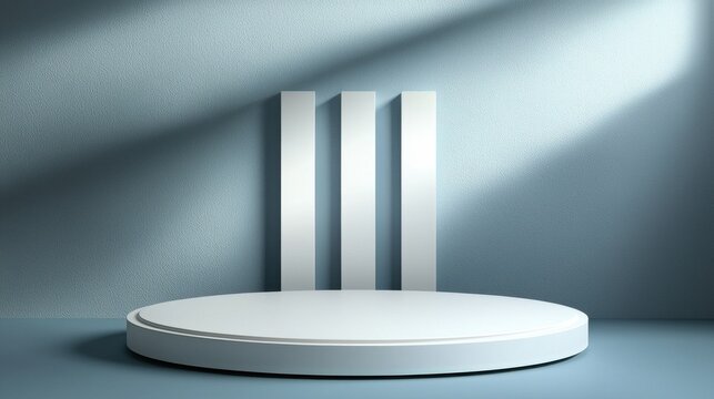 A modern design presentation setup featuring a white round podium with soft shadows and a gradient background - Powered by Adobe