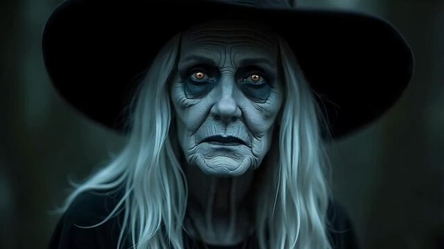 Witch with pale blue skin, glowing icy eyes, and sharp fangs, exuding darkness