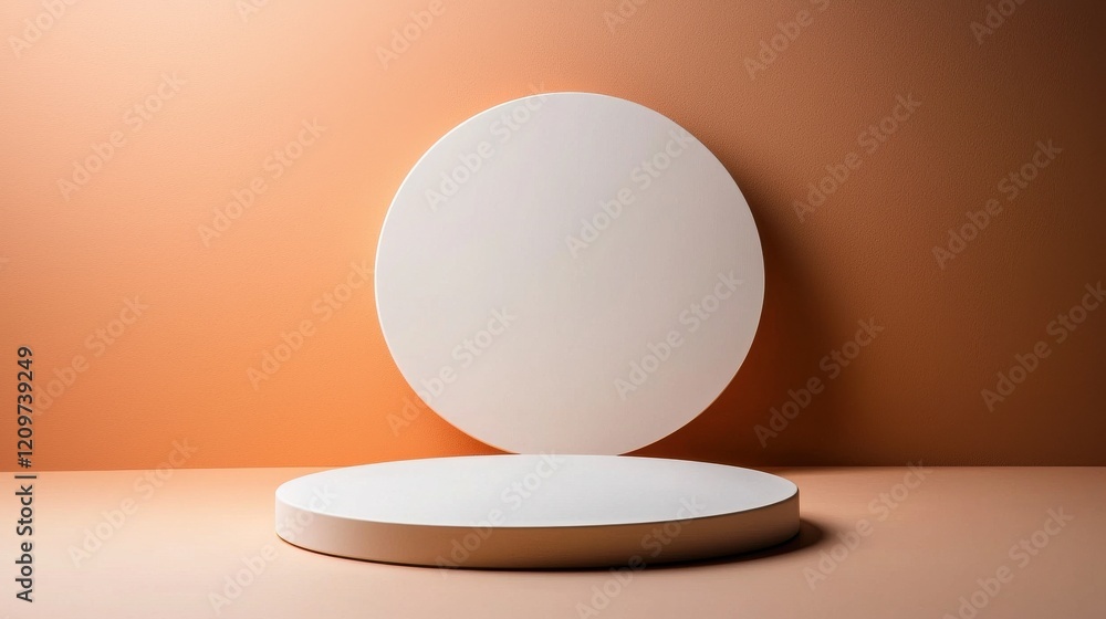 Poster A modern presentation display with a minimalist white round podium against a smooth gradient light background
