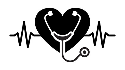 Heart and Stethoscope Silhouette Isolated White Background