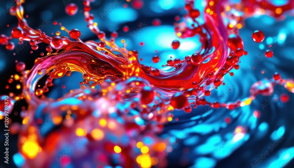 Poster dynamic red and blue liquid swirl with splashing droplets
