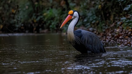 Fototapeta premium A large exotic bird with a bright orange beak and yellow head casque stands in a dark, quiet river surrounded by dense forest foliage.