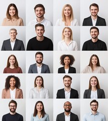 A diverse group of twenty smiling professionals posed against plain backgrounds, showcasing diversity and positivity in the workplace.