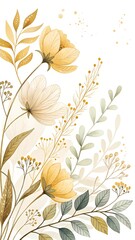 Elegant gold and cream watercolor floral bouquet. Delicate hand-drawn leaves and flowers create a serene, calming atmosphere.