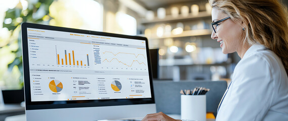 Businesswoman analyzing financial data on a computer screen, studying charts and graphs for strategy development in a modern office.