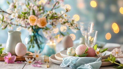Easter brunch table in a cozy home interior with festive decor