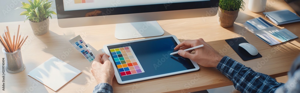 Poster designer working on tablet with color palette, adjusting graphics in a bright office setting. creati
