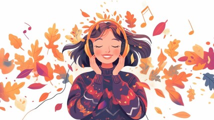 Obraz premium Serene Woman Listening to Music in Autumn Surrounded by Falling Leaves Peaceful Fall Vibes