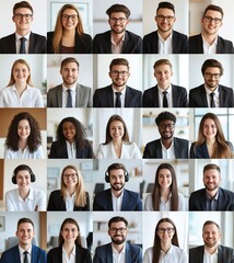 Diverse group of professionals smiling in a collage, showcasing teamwork, positivity, and corporate environment in modern business attire.