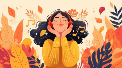 Serene Woman Listening to Music Amidst Autumn Leaves Peaceful Fall Vibes Illustration