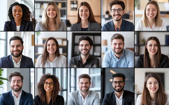 Diverse group of professionals smiling in a virtual meeting grid. Portraits of confident and happy individuals in a corporate setting.
