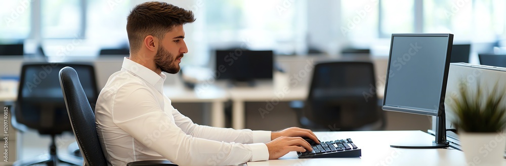 Poster focused man typing on computer in modern office. professional workspace with natural lighting and op