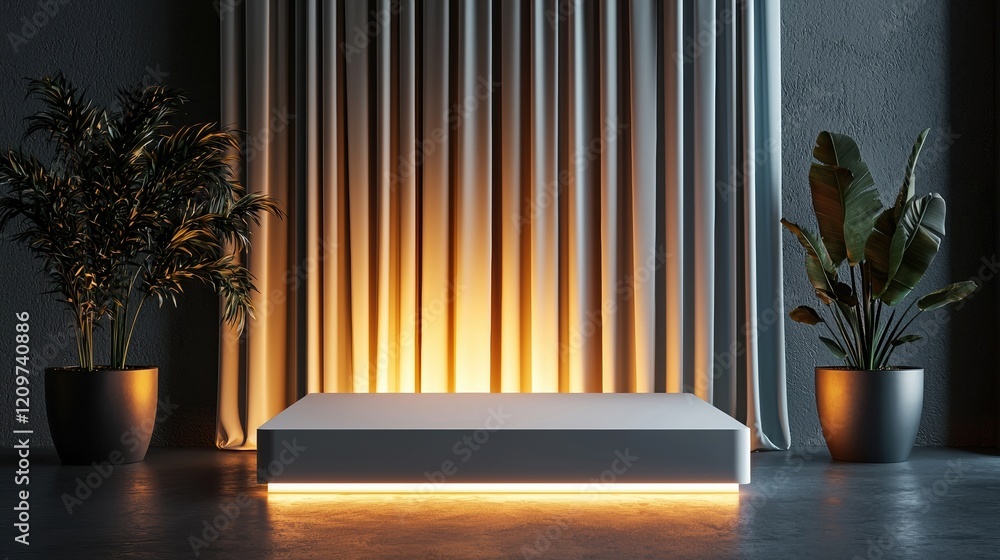 Aufkleber a sleek and simple podium setup with a glowing white base and a light gradient backdrop