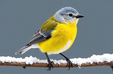 Fototapeta premium Yellow bird with grey head standing on snowy branch