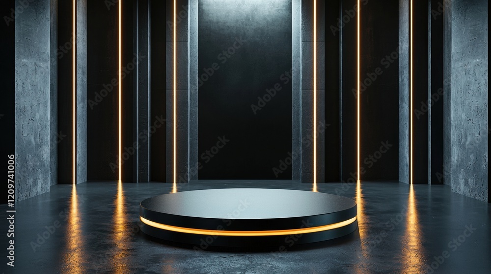 Poster a sleek minimalist scene with a circular podium illuminated by gentle diffused light