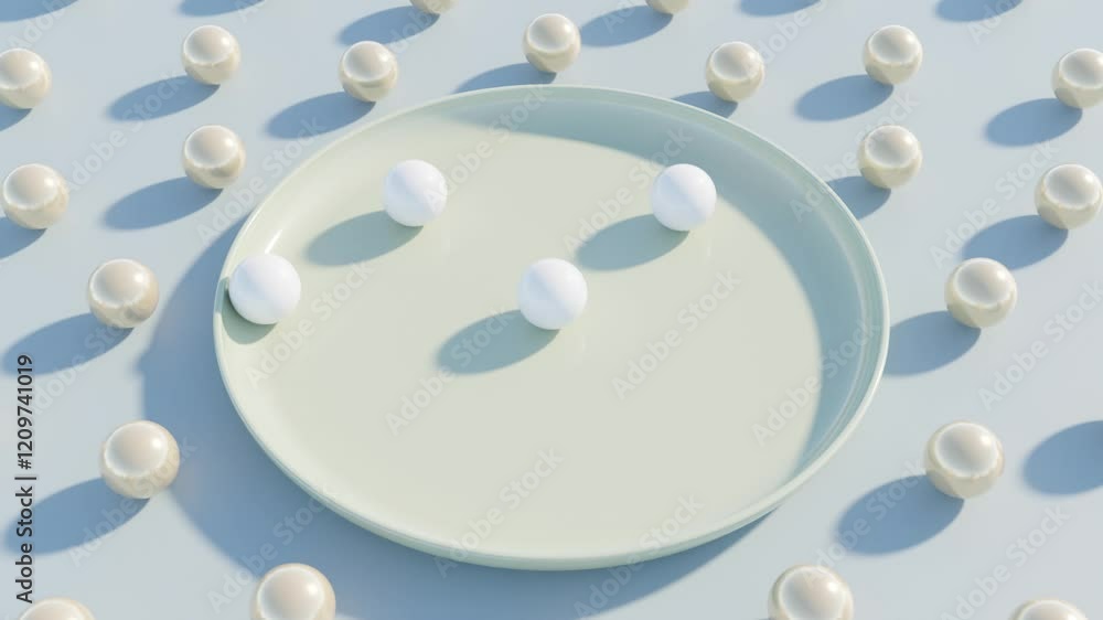 Poster soft white 3d spheres rolling in a plate with scattered balls around – abstract minimal seamless loo