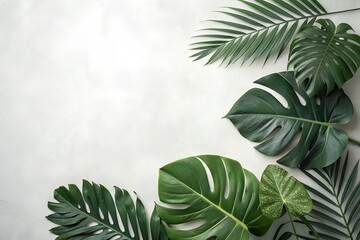 Vibrant tropical leaves frame a blank space, perfect for text or design. Lush greenery on a soft background.