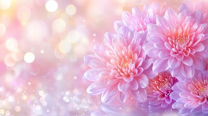 Fototapeta premium Pink chrysanthemum flowers blooming under soft glowing bokeh lights in a pastel dreamy digital background.