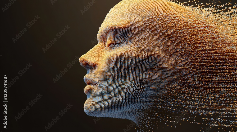 Poster 3d representation of a human head dissolving into particles with deep learning technology