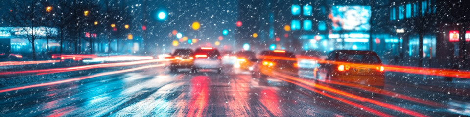 Fototapeta premium Snow-covered city street with cars driving at night banner