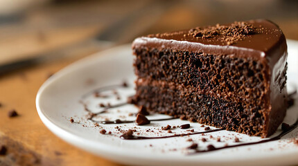 Slice of chocolate cake with glossy glaze sitting on a plate for National Chocolate Cake Day background photo and any celebrations
