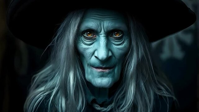 Evil witch with frosty blue skin, jagged fangs, and an eerie, cold aura
