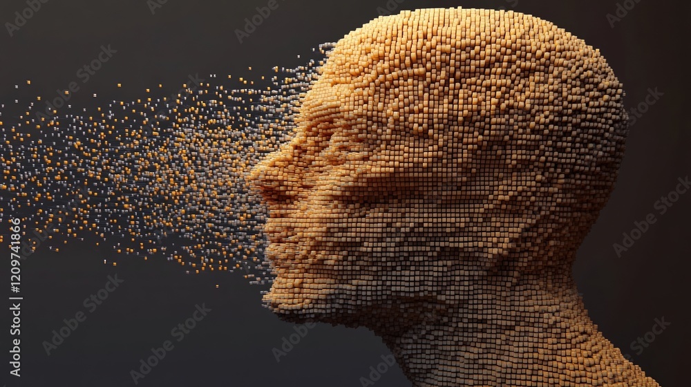 Poster dissolving human head made of cube particles showcases deep learning innovation in 3d art