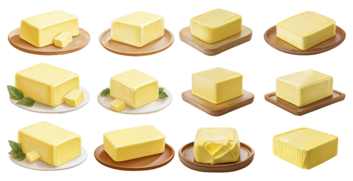 Assorted butter blocks in different shapes isolated on transparent background