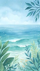 Serene ocean watercolor, teal waves gently lapping shore, framed by lush, vibrant green foliage. Tranquil coastal scene.