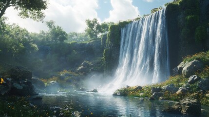 Naklejka premium Tranquil Waterfall in a Lush Forest