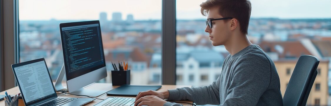 Young professional coding on laptop at modern office desk with city view, showcasing technology and productivity in a workspace setting.
