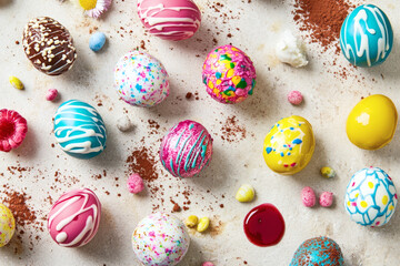 Chocolate truffles shaped like vibrant Easter eggs with intricate icing in red, yellow, and green, arranged on a ceramic platter with chocolate sauce drizzle, crushed pistachios.