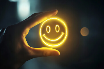 glowing smiley face illuminated by a hand in a dark background, positive emotion concept