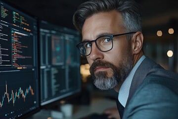 Focused financial analyst reviews stock data in a high-rise office with modern decor and city views