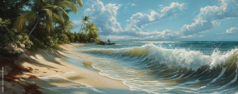 Poster a photorealistic image of a tranquil beach scene, with gentle waves lapping at the shore and palm tr