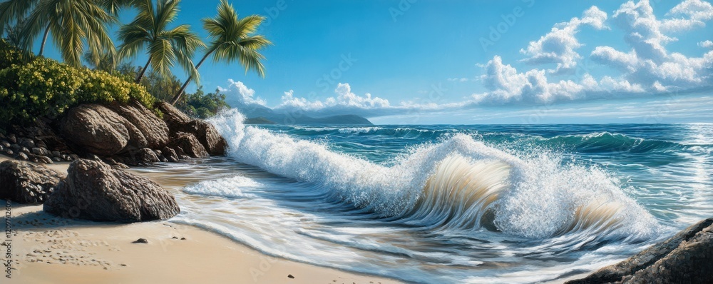Poster a photorealistic image of a tranquil beach scene, with gentle waves lapping at the shore and palm tr