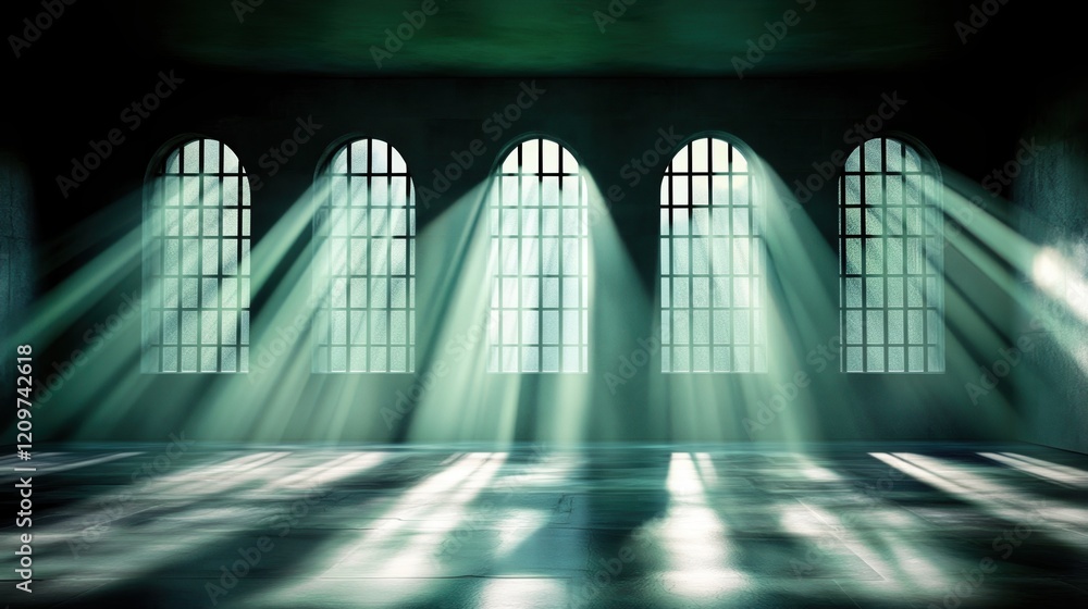 Poster sunlight streaming through arched prison windows creates intricate patterns on the floor during late