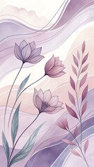 Serene watercolor blooms dance on soft lilac and plum waves, creating a tranquil, dreamlike atmosphere.