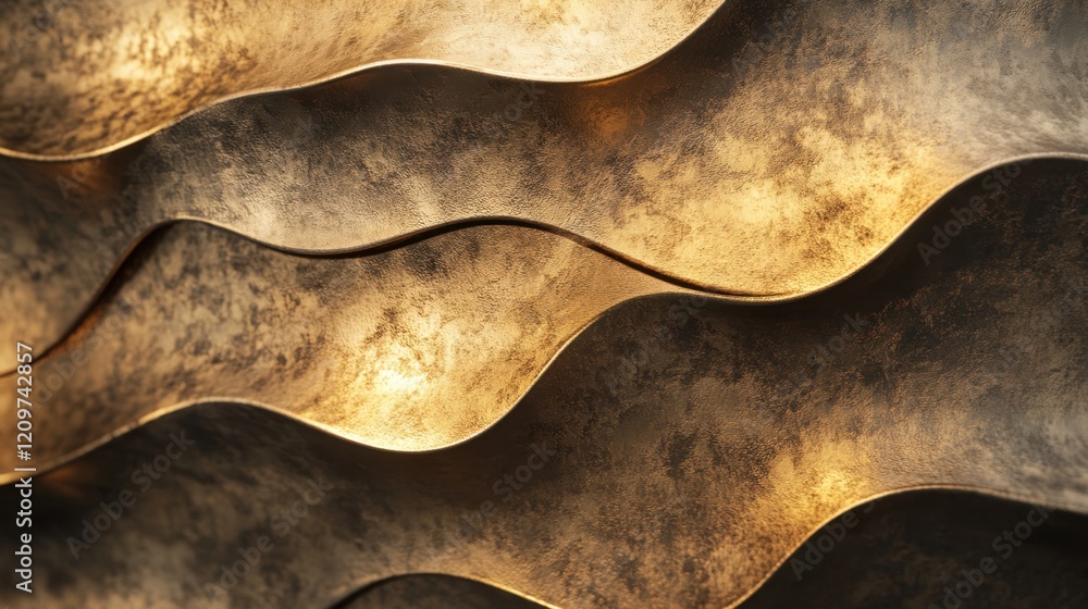 Poster abstract golden wavy metallic surface with textured patterns and light reflections