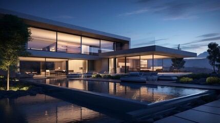 Obraz premium Luxurious modern house with large windows, outdoor pool, and illuminated interior at twilight.