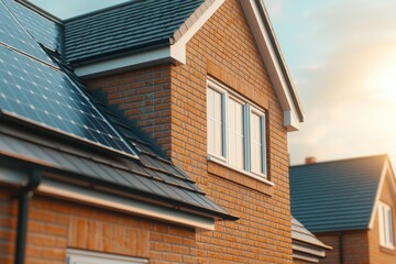 Obraz premium Modern Brick House with Solar Panels and Rooftop Windows Sustainable Home Design