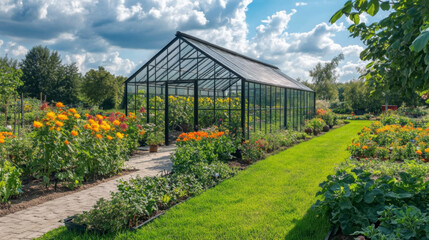 Obraz premium Glass Greenhouse in a Lush Flower Garden on a Sunny Day