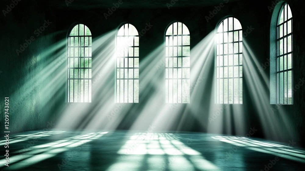 Poster Sunlight streams through arched prison windows creating intriguing shadows in a dimly lit room