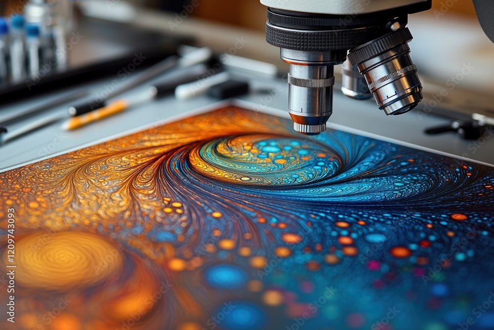 Poster close-up exploration of colorful microorganisms under a microscope on a clean lab bench