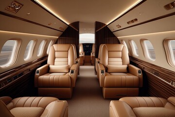 Luxurious private jet interior with opulent leather seating in serene runway setting