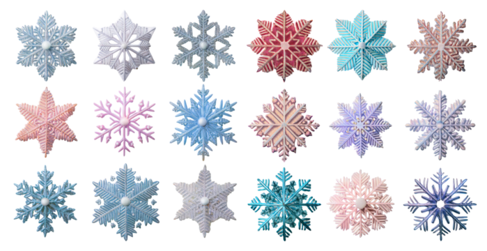 Beautiful snowflakes in pastel colors and intricate designs isolated on transparent background