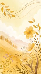 Golden hour's gentle embrace: Watercolor hills, flowers, and leaves paint a serene autumnal scene.