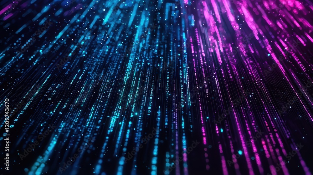 Poster abstract digital data stream binary code neon blue pink glow futuristic technology background