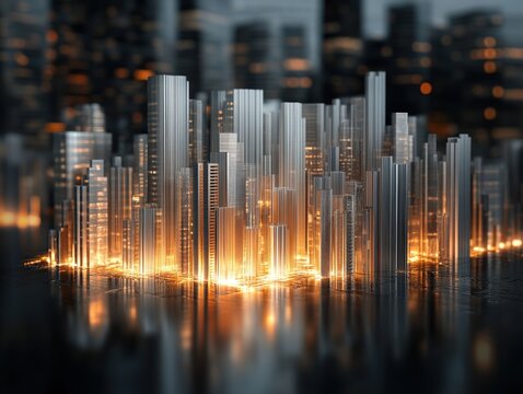 Cityscape of towering buildings constructed with TMT bar set against a dark background highlighting urban development at night